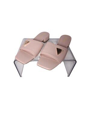 Guess Womens Pink Slide Sandals With Gold Logo Accent & Square Toe Design